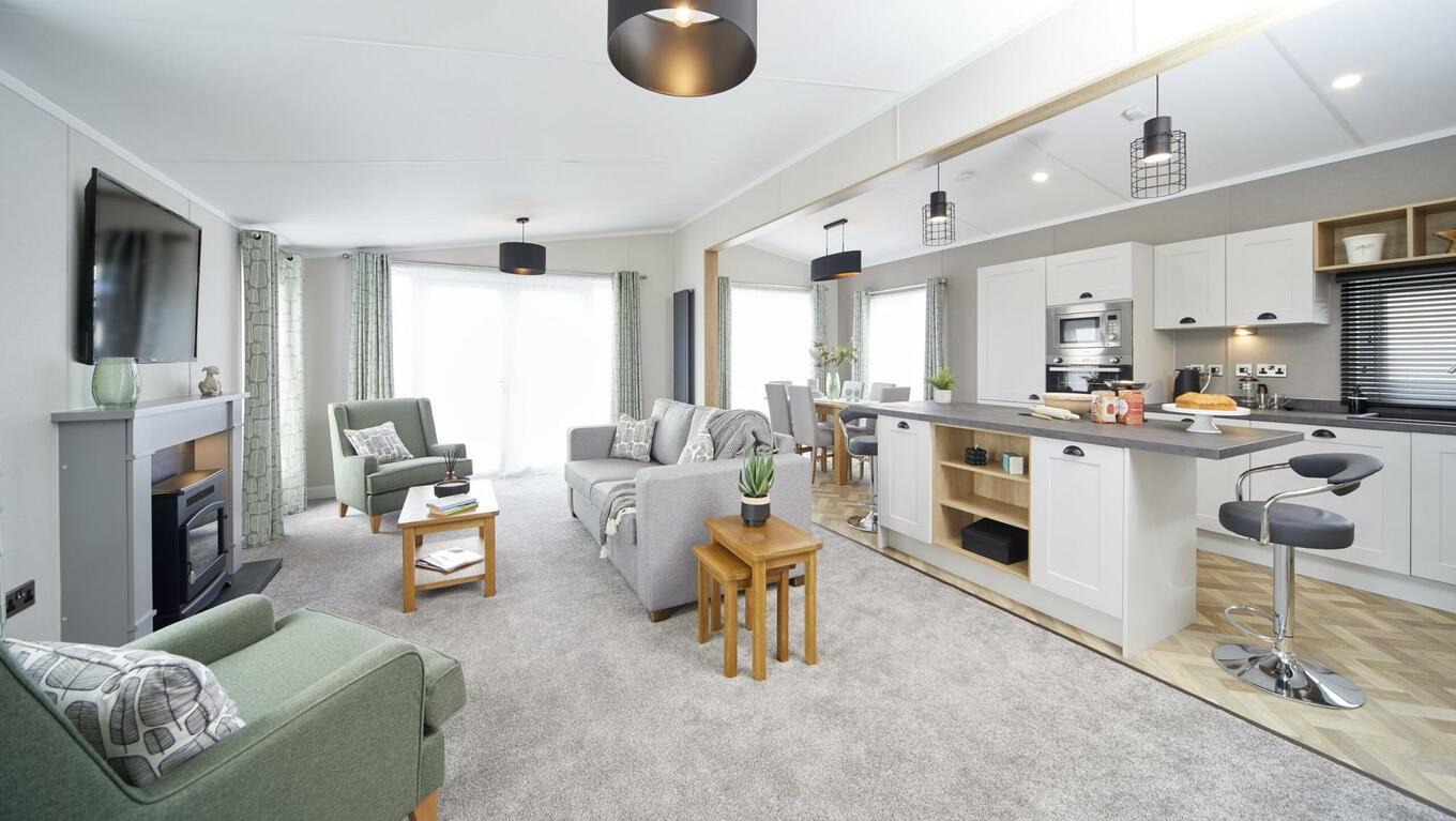 Sunseeker Sensation Lodge for sale at Pearl Lake 5 star caravan park with golf and fishing. Lounge photo