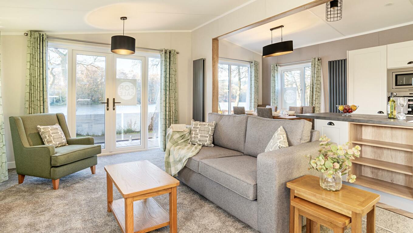 Sunseeker Sensation Lodge for sale at Pearl Lake 5 star caravan park with golf and fishing. Lounge photo