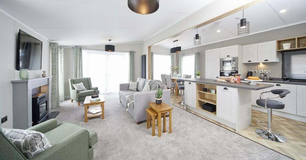Sunseeker Sensation Lodge for sale at Pearl Lake 5 star caravan park with golf and fishing. Lounge photo
