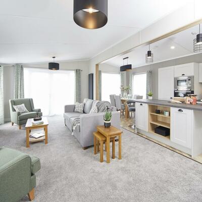 Sunseeker Sensation Lodge for sale at Pearl Lake 5 star caravan park with golf and fishing. Lounge photo