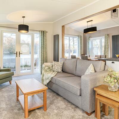 Sunseeker Sensation Lodge for sale at Pearl Lake 5 star caravan park with golf and fishing. Lounge photo