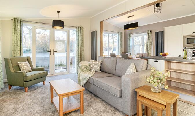 Sunseeker Sensation Lodge for sale at Pearl Lake 5 star caravan park with golf and fishing. Lounge photo