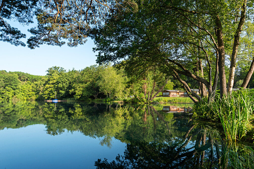 Lake edge holiday lodges at Pearl Lake.
