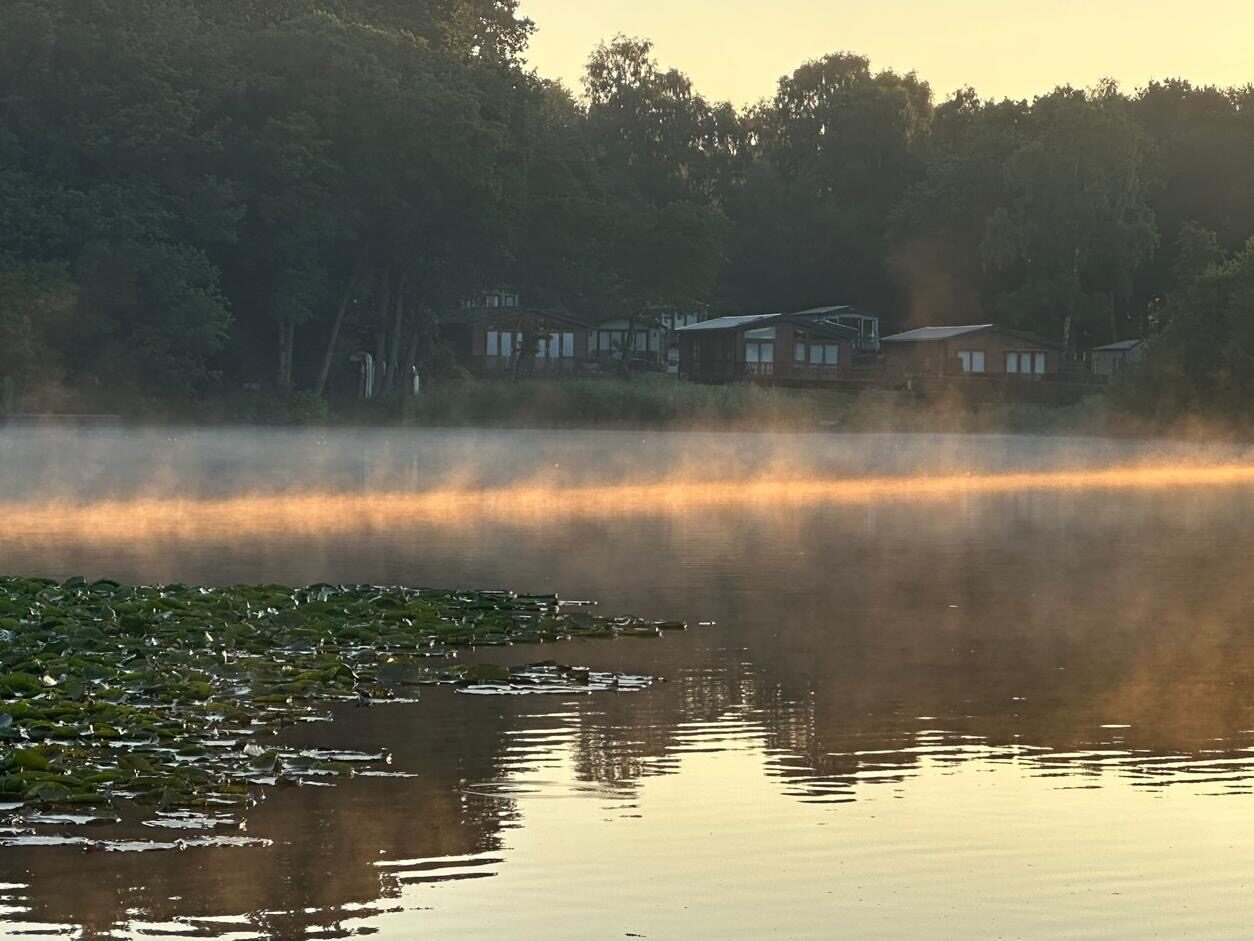 Wide view of Pearl Lake, Herefordshire. - a 15-acre kettle-hole lake set among trees and open sky.